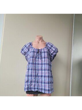 Penningtons Royal Blue Plaid Scoop Neck Short Sleeve Button Shirt (One Size)